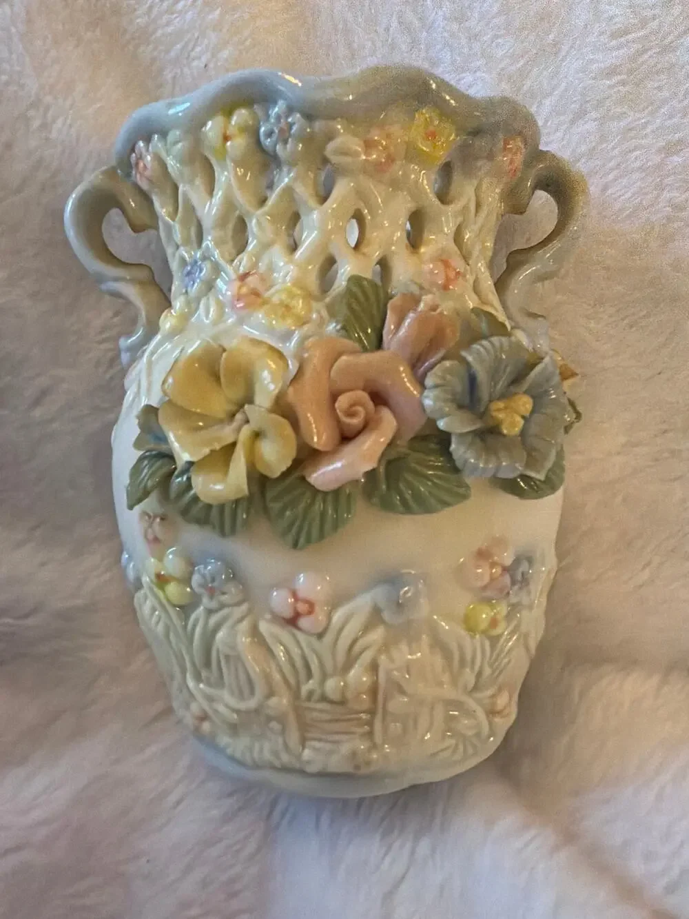 Vintage Porcelain Floral Vase Openwork Lattice Double Handle Pastel Flowers